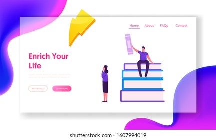 Online Library, Education Website Landing Page. Student with Textbook in Hand Sitting on Huge Heap of Books Learning Classes. Woman Teacher Stand near Web Page Banner. Cartoon Flat Vector Illustration