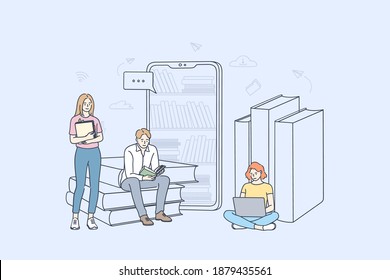 Online Library And Elearning Concept. Group Of Young Students Cartoon Characters Learning Online, Reading E-books And Studying With Smartphones And Laptops Better Illustration 