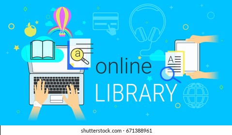 Online library and electronic book on laptop and tablet concept vector illustration. Human hands typing on laptop keyboard for reading interesting books and education. E-book sync and cloud storage