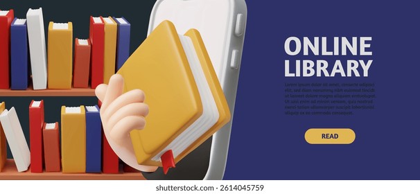 Online library, electronic book store 3D style vector advertising banner design. Hand holding book from smartphone. Education shop. Render books, literature, dictionaries and encyclopedias