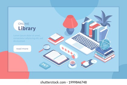 Online library. Electronic books, E-library mobile application, virtual cloud storage, archive. Laptop with books inside, open book on tablet. Isometric vector illustration for banner, website.