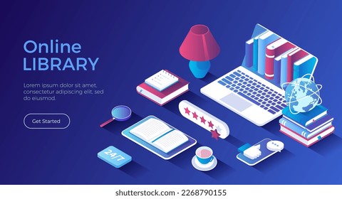 Online library. Electronic books, E-library mobile application, virtual cloud storage, archive. Laptop with books inside, open book on tablet. Isometric landing page. Vector web banner.	

