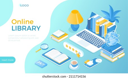 Online Library. E-library Application, Electronic Books, Virtual Cloud Storage, Archive. A Shelf With Books In A Laptop, Open Book On Tablet. Isometric Vector Illustration For Website.