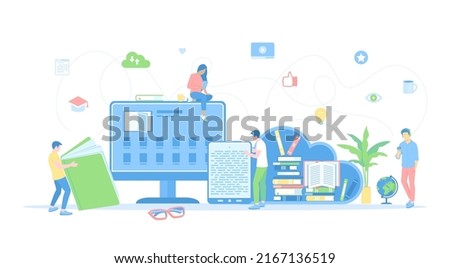 Online library, E-library mobile application for reading, E-learning shop. People read e-books. Online Distance Education process, Communication. Vector illustration flat style