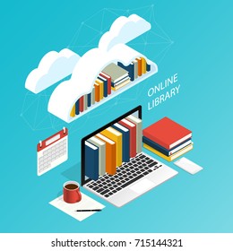 Online Library File Isometric Cloud Ebook Computer Office Work,education Research Vector