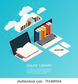 Online Library File Isometric Cloud Ebook Computer Office Work,education Research Vector