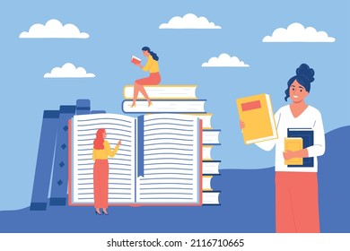 Online library flat composition illustrated glad woman with armload of books and little female figurine reading on stack of big books vector illustration 