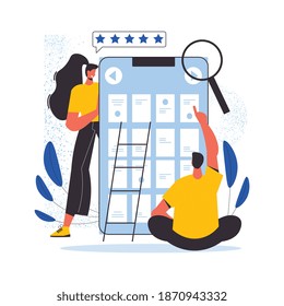 Online library flat composition with young couple choosing desired book in web archive of media library vector illustration