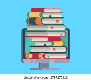 Biblioteca en línea. Computadora plana con libros de pila en la pantalla del dispositivo. Conocimiento electrónico, lectura y descarga de libros en línea, e-learning para estudiantes, concepto de educación vectorial aislada