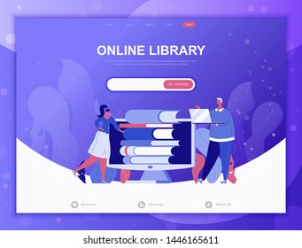 Online Library flat concept vector illustration template for website and mobile app development. Flat landing page template. Decorated cartoon people for web page or homepage.