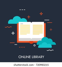 Online library, flat design banner, can be used for e-mail newsletter, web banners, headers, blog posts, print and more. Modern style logo vector illustration concept.