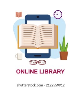 Online library in flat design. The concept of a mobile application for reading. Vector stock illustration. Book on the phone.