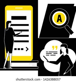 Online library - flat design style conceptual illustration. Black and white composition with woman and girl reading books using smartphone, image of magnifying glass, gadget. Education, hobby concept