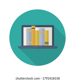 Icono plano de biblioteca en línea con una sombra larga. Ilustración educativa en línea. Vector.