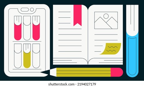 Online library flat illustration. Smartphone with bookshelf interface, open book with bookmark and note and pencil. Reading, learning, online digital library concept. Simple colourful cartoon design