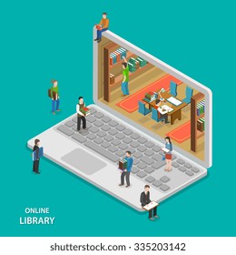 Online Library Flat Isometric Vector Concept. People Near And Inside Library That Looks Like Laptop. Education, Reading, Learning Online.