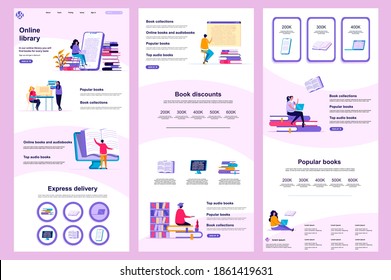 Online Bibliothek flach Landing Page. E-Book-Leseservice, Online-Studie Corporate Website Design. Webbanner-Vorlage mit Header, mittlerem Inhalt, Fußzeile. Vektorgrafik mit Menschen-Zeichen.