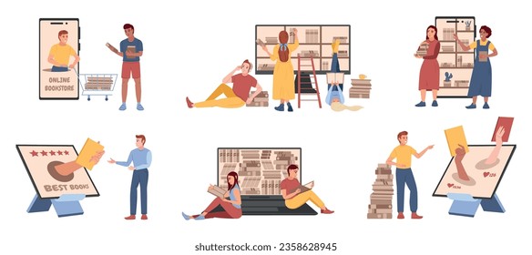 Online library flat set with isolated compositions of electronic devices gadgets with human characters reading books vector illustration