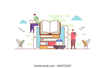 Online library flat vector illustration concept,can be used for landing page, ui, web, app intro card, editorial, flyer, and banner.