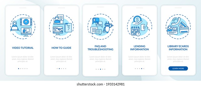 Online library helpline onboarding mobile app page screen with concepts. FAQ and Troubleshooting walkthrough 5 steps graphic instructions. UI vector template with RGB color illustrations