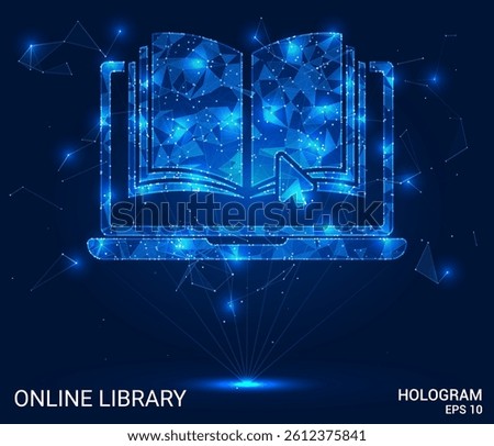 Online library hologram. Online library is made of polygons, triangles, dots, and lines. Online library is a low-poly compound structure. Technology concept vector.