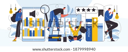 Online library horizontal vector illustration of people searching popular books in web archive and reading in smartphone