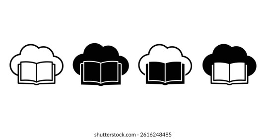 Online Library Icon Black and White Cloud and Open Book Symbols Vector Design
