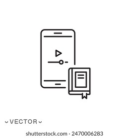 online library icon, books in the phone, listen audiobook, thin line symbol isolated on white background, editable stroke eps 10 vector illustration