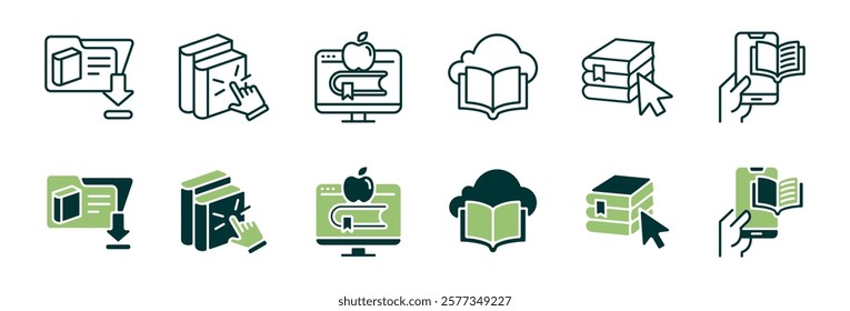 online library icon line set education learning digital book download e-book study journal literature signs vector illustration for web and app