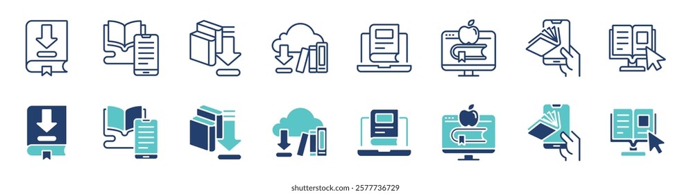 online library icon line set education download digital book study read e-book media learning signs vector illustration