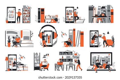 Online Library Icon Set Abstract Bookshelf On Smartphone Screen People And Audiobook Reading Room And Visitors Vector Illustration