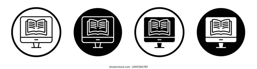 Online library icon set. Digital E-book course vector symbol in a black filled and outlined style. Dictionary book guide sign.