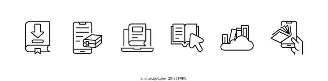 Conjunto de íconos de Biblioteca en línea Educación digital Libro Leer revista Literatura Signos de documento Esquema Ilustración vectorial