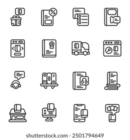 Online Library icon set. Includes audio book, best seller, digital book, delivery, gift, and More. Outline icons vector collection.