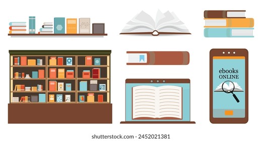 Online library icon set on white background. Reading books, Library, Ebook, education conceptual Vector flat illustration.