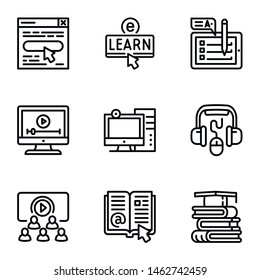 Online library icon set. Outline set of 9 online library vector icons for web design isolated on white background