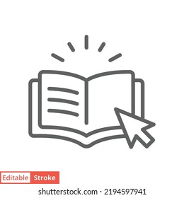 Online library icon. Simple outline style. Open book with cursor, digital course, e-learning, internet education concept. Line vector illustration isolated on white background. Editable stroke EPS 10.