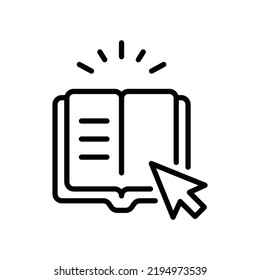 Online library icon. Simple outline style. Open book with cursor, digital course, e-learning, internet education concept. Thin line vector illustration isolated on white background. EPS 10.