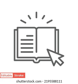 Online library icon. Simple outline style. Open book with cursor, digital course, e-learning, internet education concept. Line vector illustration isolated on white background. Editable stroke EPS 10.