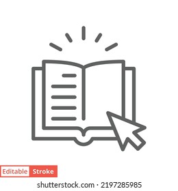 Online library icon. Simple outline style. Open book with cursor, digital course, e-learning, internet education concept. Line vector illustration isolated on white background. Editable stroke EPS 10.