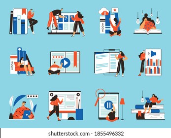 Online Library Icons Set With People Searching And Reading Electronic Versions Of Books Isolated On Blue Background Flat Vector Illustration