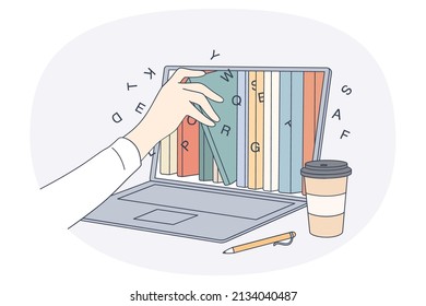 Online library and information concept. Human hand taking various books from laptop screen using online ebooks and library in internet vector illustration 