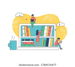 Online library and Internet education concept - cartoon people reading books from laptop screen with bookshelf design. Vector illustration of book cloud website.