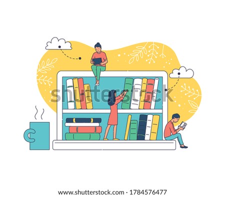Online library and Internet education concept - cartoon people reading books from laptop screen with bookshelf design. Vector illustration of book cloud website.