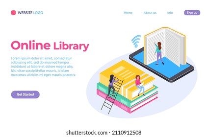Online library isometric 3d style web landing page. Vector library web online, internet digital knowledge, book for study illustration
