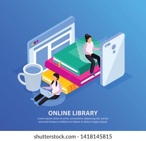 Online library isometric background with human characters electronic gadgets and pile of books with editable text vector illustration