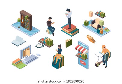 Online library. Isometric books people reading internet dictionary education concept icons garish vector illustrations