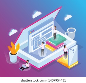 Online library isometric composition with conceptual images of opened book computer windows and small people characters vector illustration