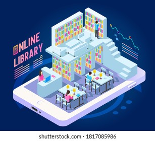 Online library isometric composition with image of smartphone with book shelves and small people