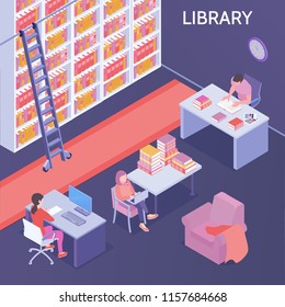 Online library isometric composition with  reading room bookshelves ladder carpet furniture visitors books magazines desktop vector illustration  